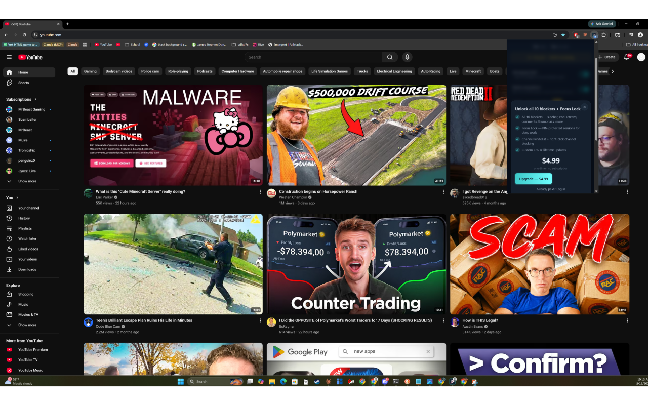 YouTube homepage before CleanFeed