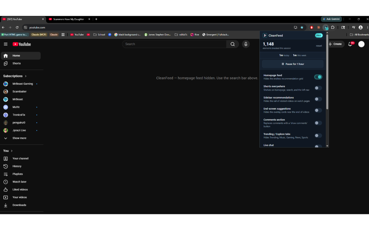 CleanFeed popup with toggles