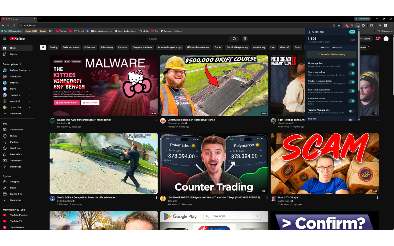 YouTube watch page with CleanFeed active